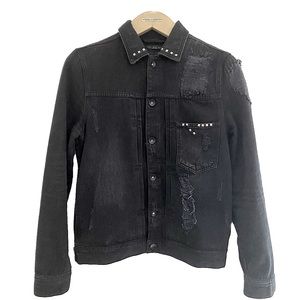 Studded Denim Jacket Black with Rips - M